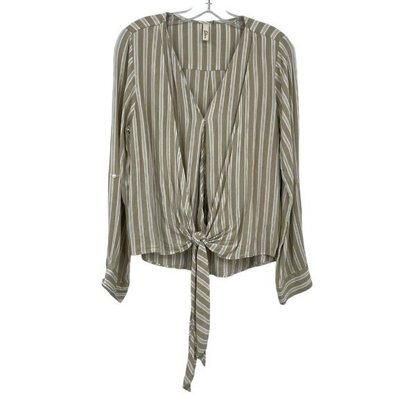 Elan Top Women's M Tan White Stripe Cross Over‎ Tie Front Roll Tab Sleeve Breezy - Picture 1 of 10